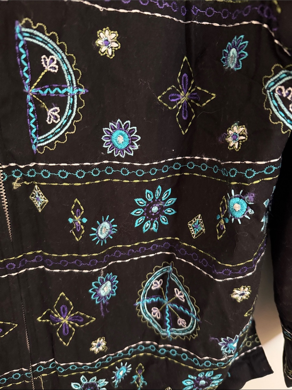Black Embroidered Zip-Front Jacket with Teal Floral Motif Size Large - Picture 5 of 9